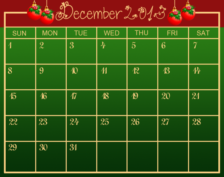 December Green Printable Calendar Template