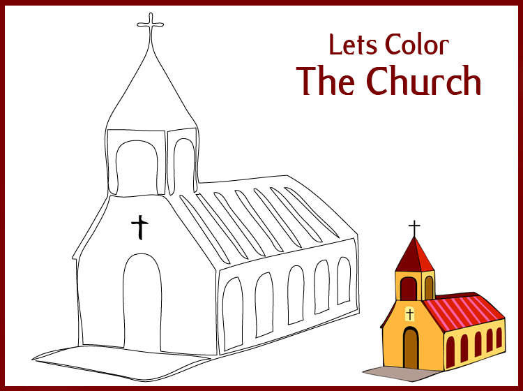 Brown Border Let's Color the Church Printable Worksheet