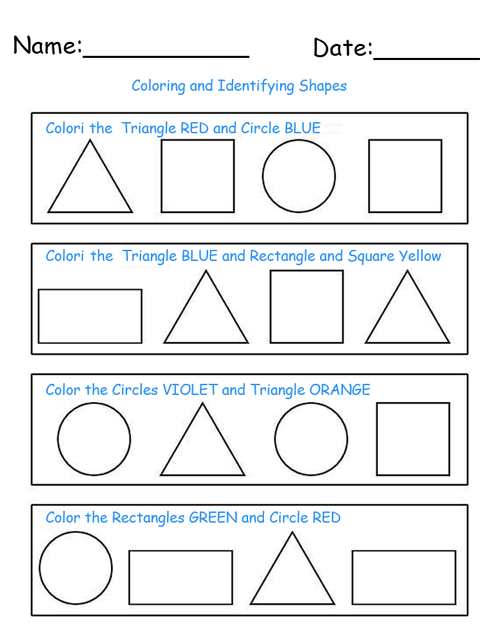 Identify and Color Shapes Printable Worksheets