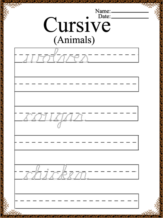 Printable Animal Words Cursive Worksheet