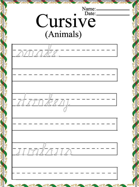 Printable Animal Words Cursive Worksheets