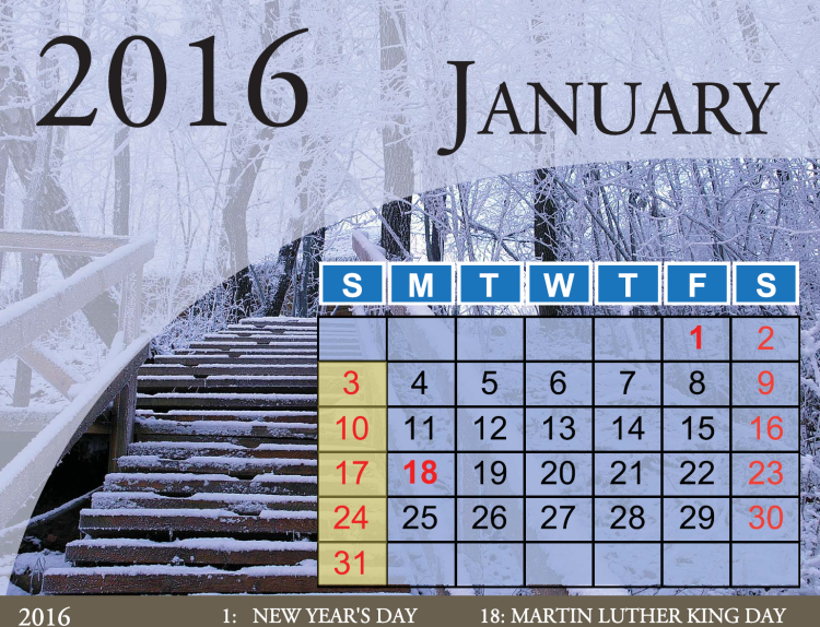 Printable January 2016 Calendar