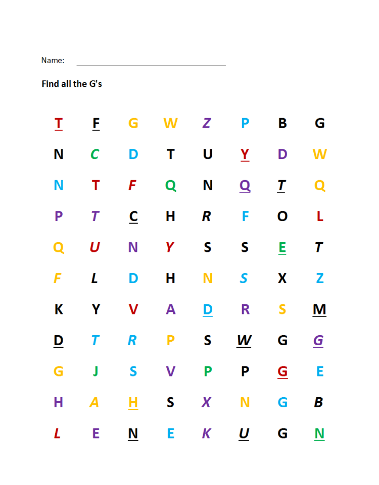 Printable Visual Scanning "Letter G" Worksheet 