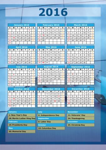 Blue 2016 Printable Calendar