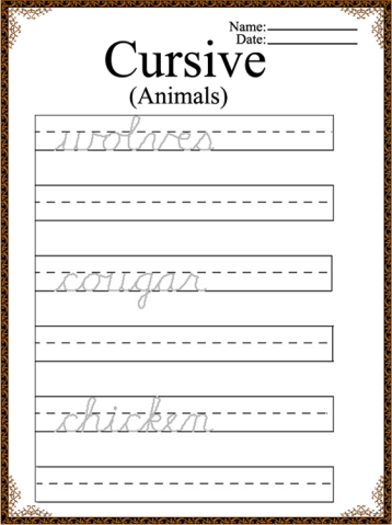 Printable Animal Words Cursive Worksheet