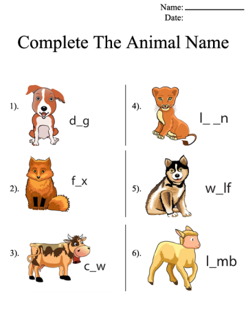Animal Names Printable Worksheets