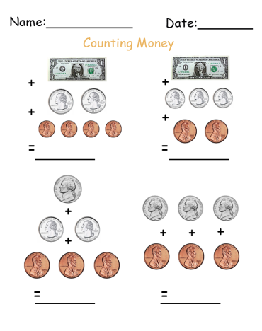 Counting Dollars and Cents Printable Worksheets 