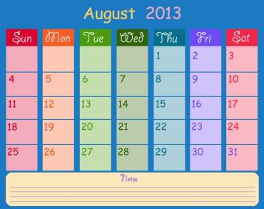 Printable Blue August Monthly Calendars